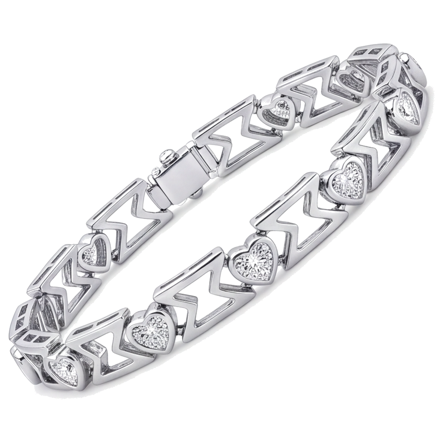 Im Labor gezüchtetes Diamantarmband 5 Karat Herz-Chevron-Glieder 14 Karat Weißgold 7 Zoll