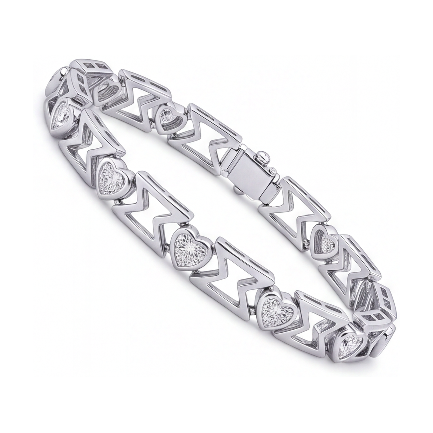 Im Labor gezüchtetes Diamantarmband 5 Karat Herz-Chevron-Glieder 14 Karat Weißgold 7 Zoll