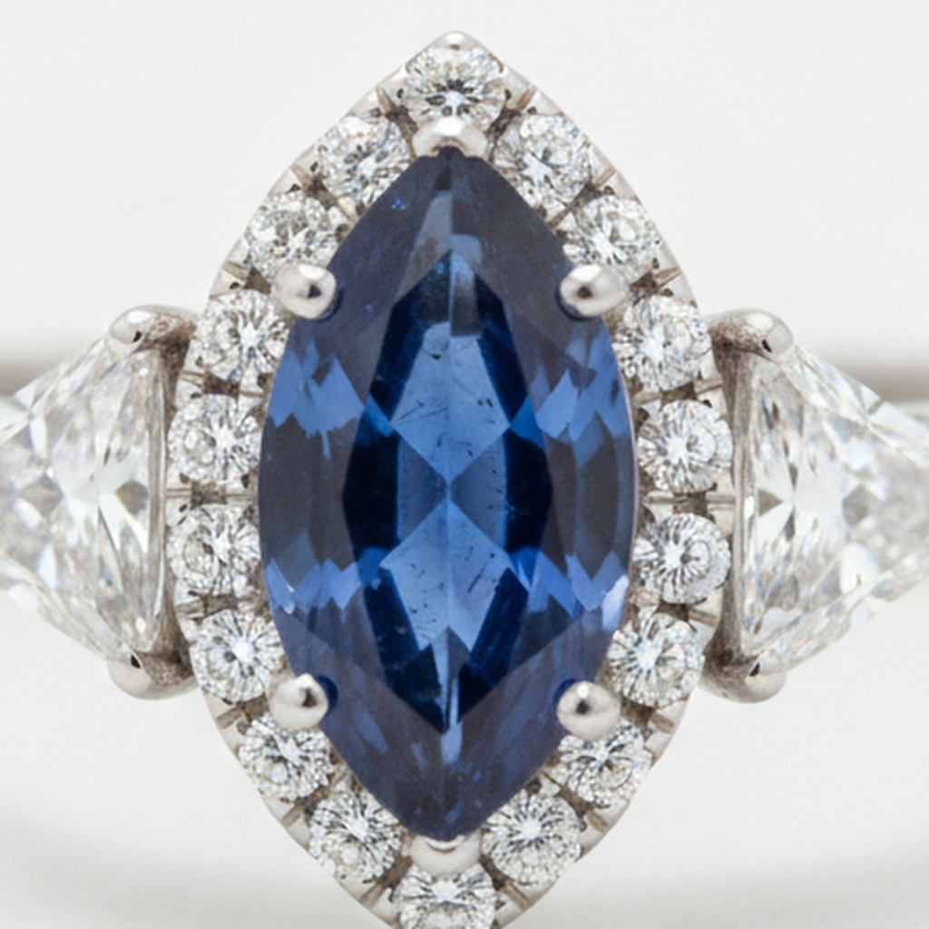 Saphir-Verlobungsring 3 Karat Echter Blauer Marquise Halo Dreistein Platin