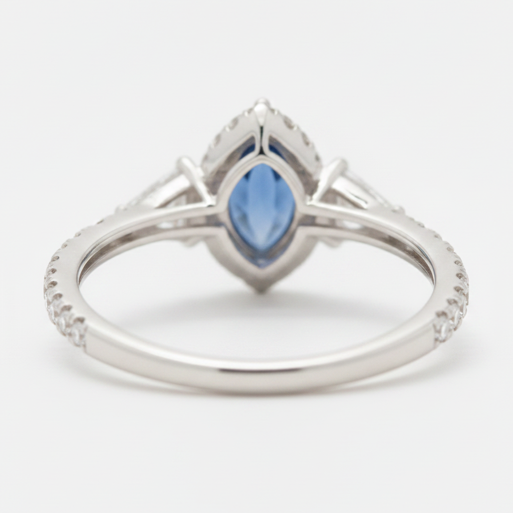 Saphir-Verlobungsring 3 Karat Echter Blauer Marquise Halo Dreistein Platin