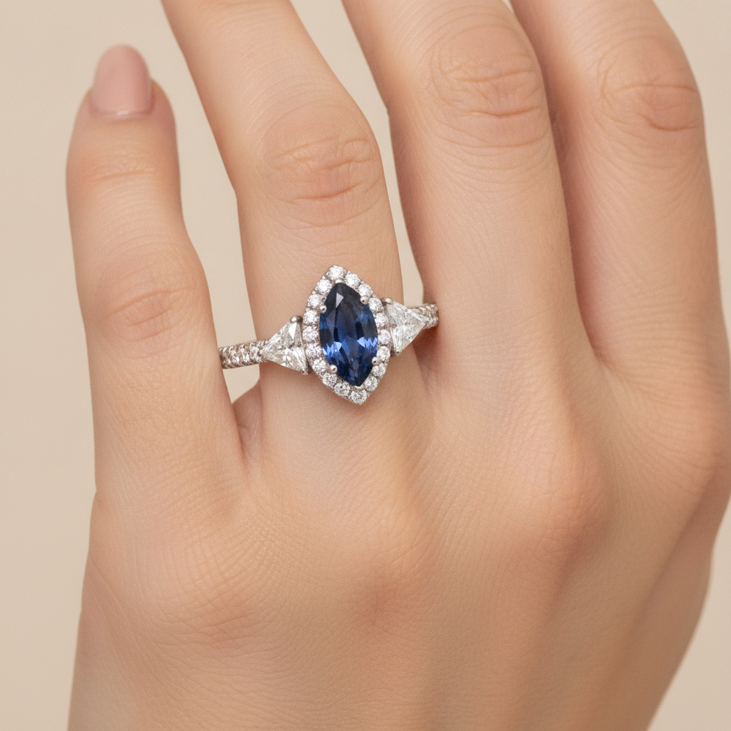 Saphir-Verlobungsring 3 Karat Echter Blauer Marquise Halo Dreistein Platin