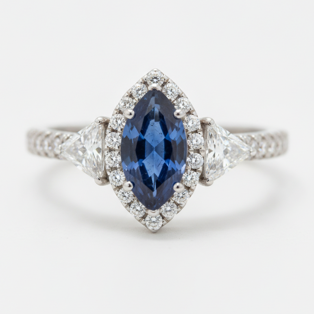 Saphir-Verlobungsring 3 Karat Echter Blauer Marquise Halo Dreistein Platin