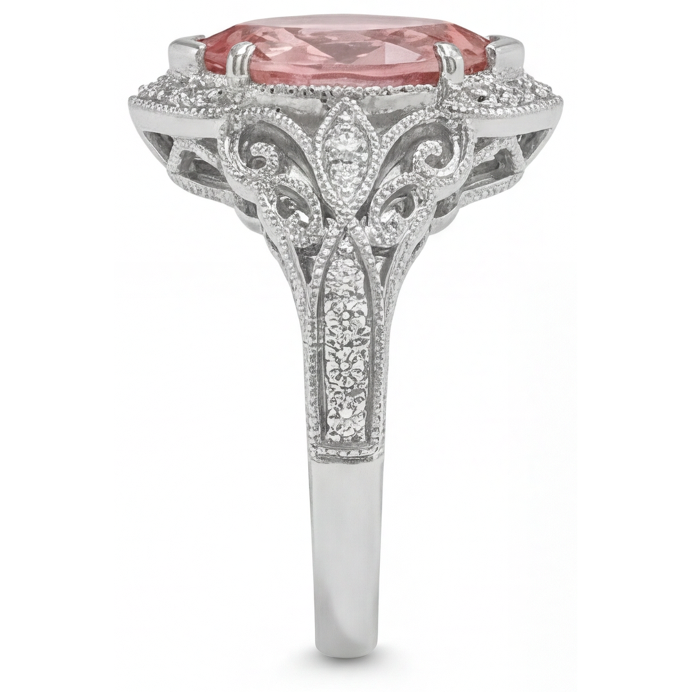 Verlobungsring mit pfirsichfarbenem Padparadscha-Saphir, 3,8 Karat, im Labor gezüchtet, Marquise-Schliff, Halo, 14 Karat Weißgold