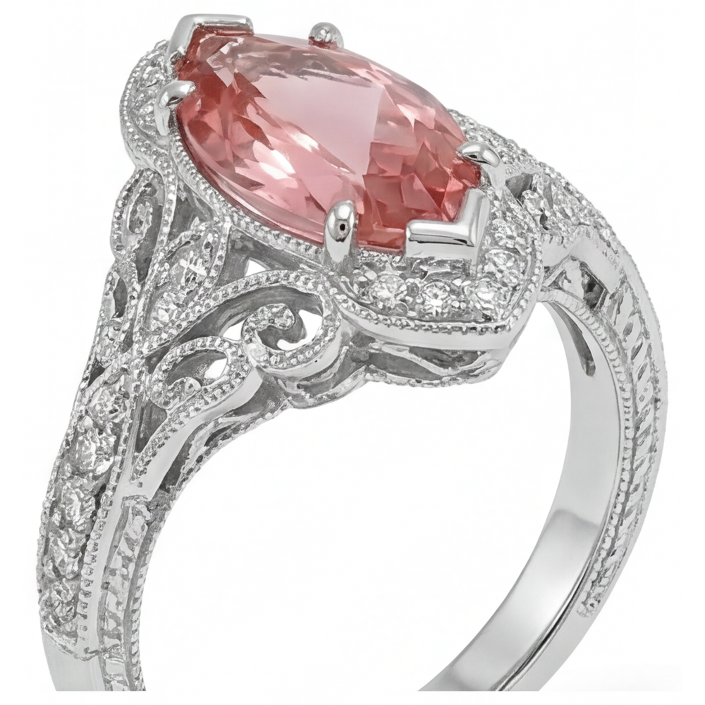 Verlobungsring mit pfirsichfarbenem Padparadscha-Saphir, 3,8 Karat, im Labor gezüchtet, Marquise-Schliff, Halo, 14 Karat Weißgold