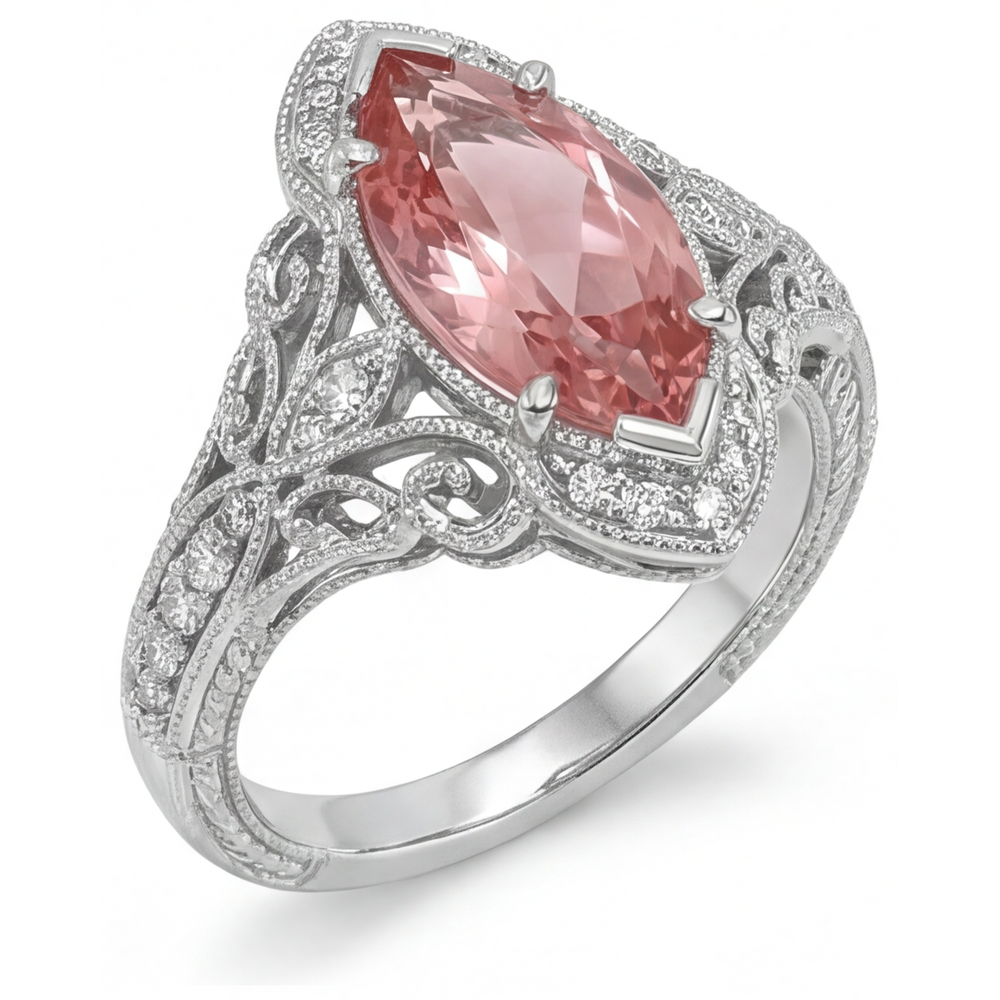 Verlobungsring mit pfirsichfarbenem Padparadscha-Saphir, 3,8 Karat, im Labor gezüchtet, Marquise-Schliff, Halo, 14 Karat Weißgold