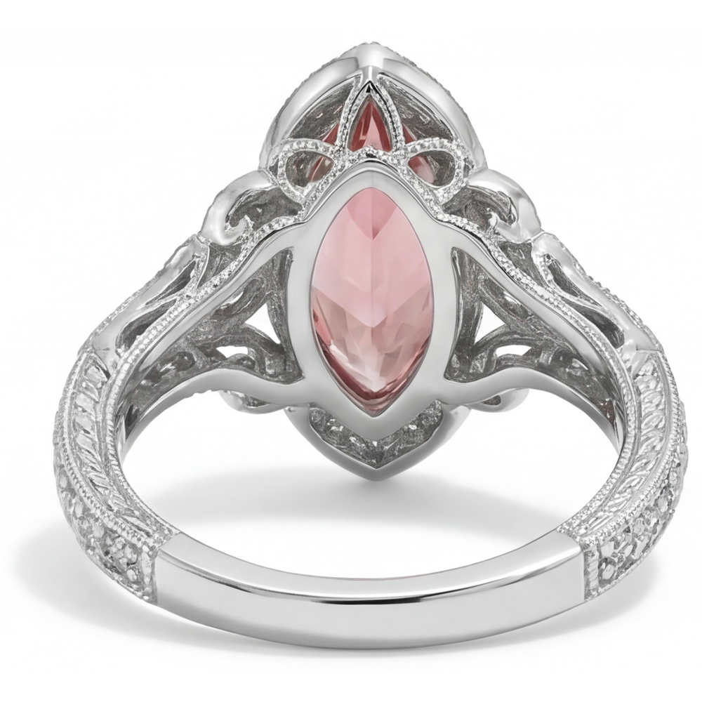 Verlobungsring mit pfirsichfarbenem Padparadscha-Saphir, 3,8 Karat, im Labor gezüchtet, Marquise-Schliff, Halo, 14 Karat Weißgold