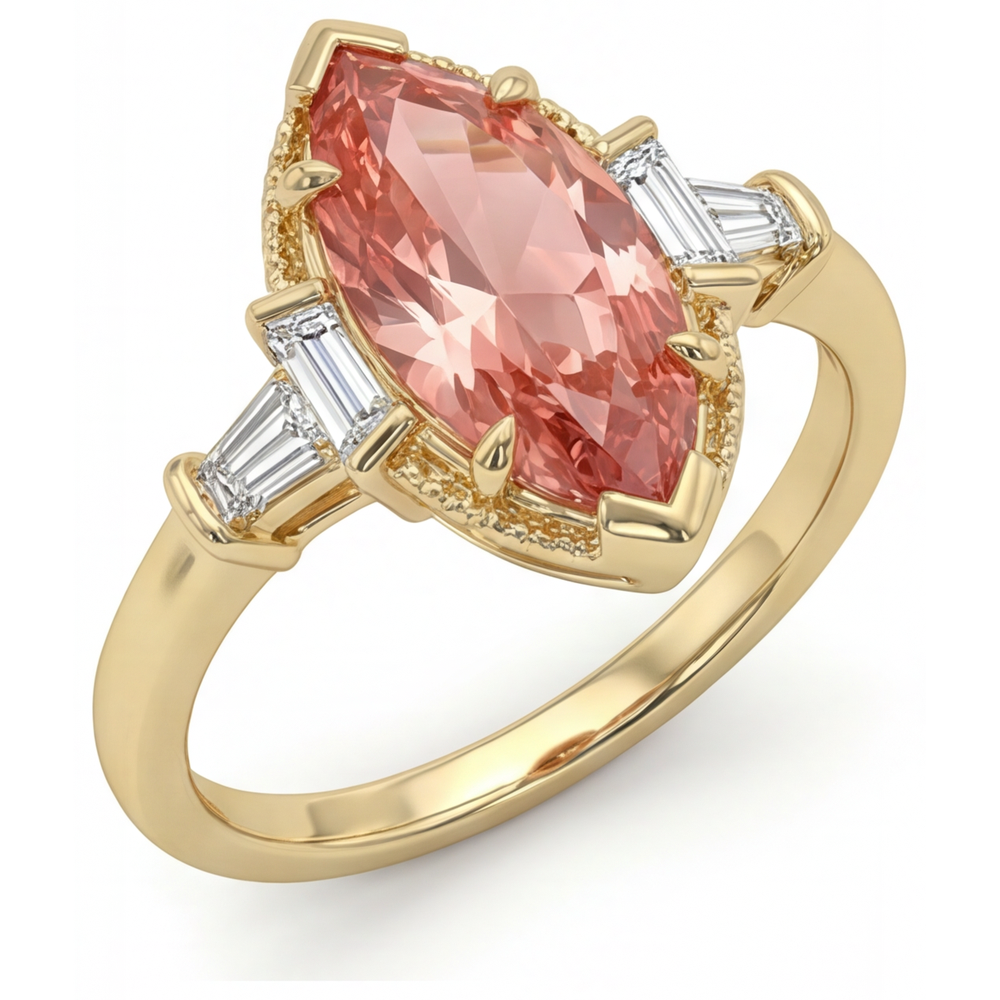 Verlobungsring mit Pfirsich-Saphir, 4,1 Karat im Labor gezüchteter Padparadscha im Marquise-Schliff und weisse Baguettes, Drei-Stein-Kathedralfassung, 14 Karat Gelbgold