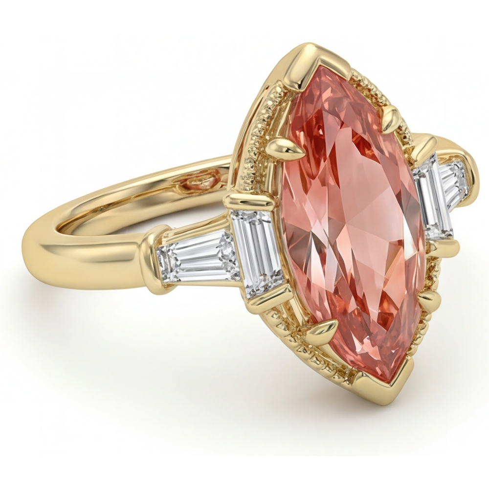 Verlobungsring mit Pfirsich-Saphir, 4,1 Karat im Labor gezüchteter Padparadscha im Marquise-Schliff und weisse Baguettes, Drei-Stein-Kathedralfassung, 14 Karat Gelbgold