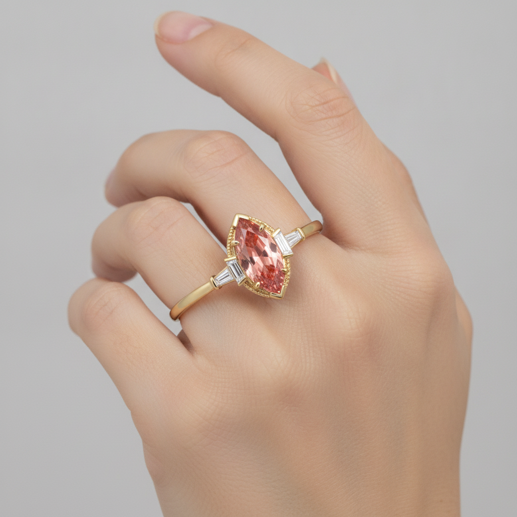 Verlobungsring mit Pfirsich-Saphir, 4,1 Karat im Labor gezüchteter Padparadscha im Marquise-Schliff und weisse Baguettes, Drei-Stein-Kathedralfassung, 14 Karat Gelbgold