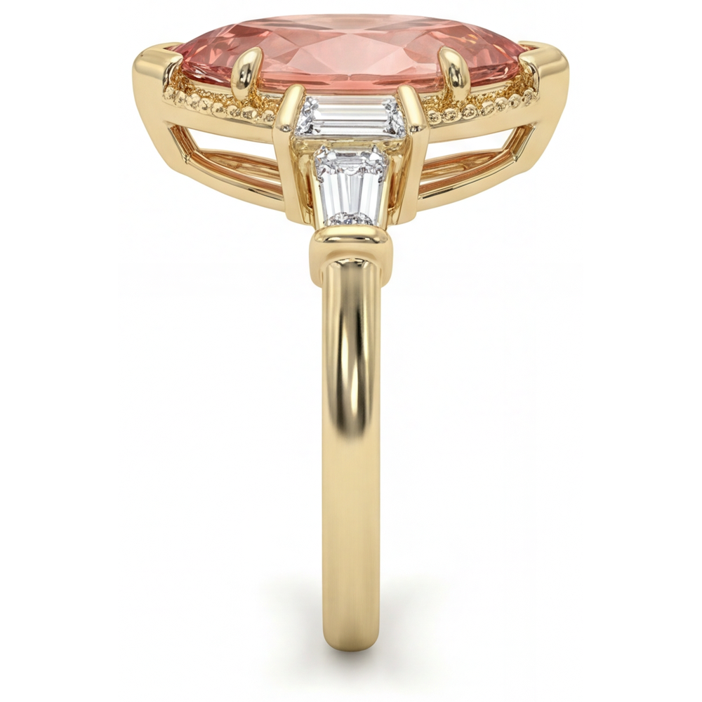 Padparadscha-Saphir-Ring, 4,1 Karat, im Labor gezüchtet, Marquise und weisse Baguettes, Dreistein, schlicht, 14 Karat Gelbgold