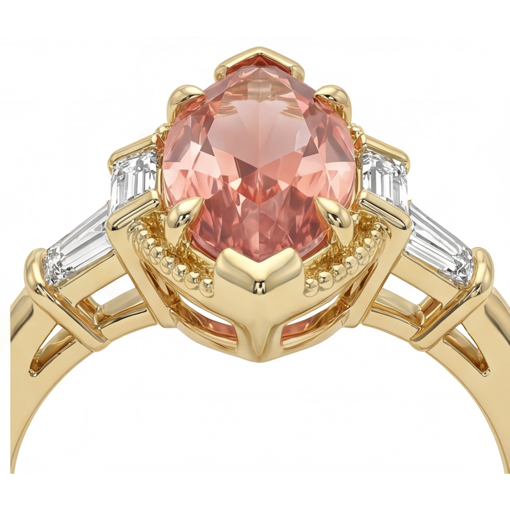 Padparadscha-Saphir-Ring, 4,1 Karat, im Labor gezüchtet, Marquise und weisse Baguettes, Dreistein, schlicht, 14 Karat Gelbgold