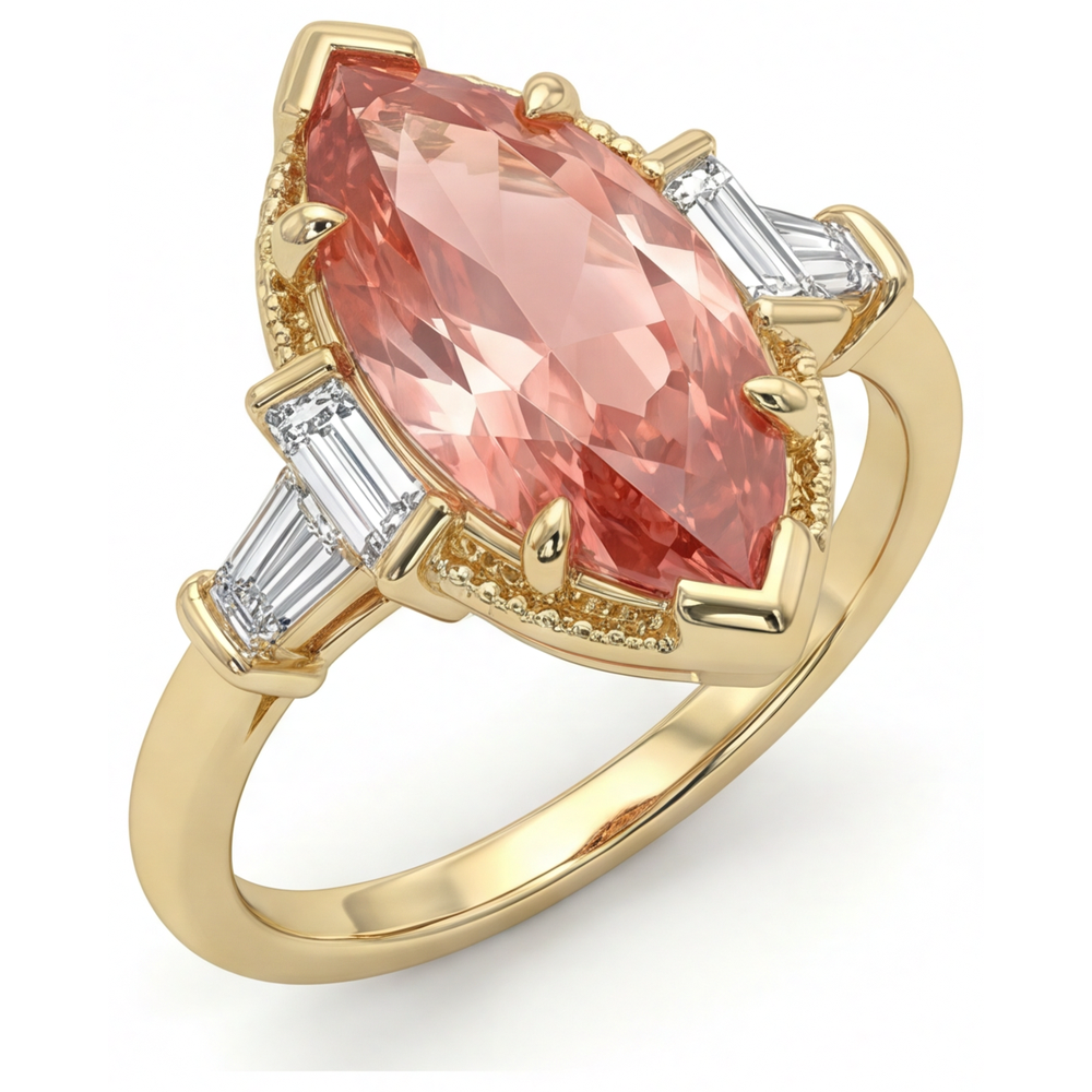 Padparadscha-Saphir-Ring, 4,1 Karat, im Labor gezüchtet, Marquise und weisse Baguettes, Dreistein, schlicht, 14 Karat Gelbgold