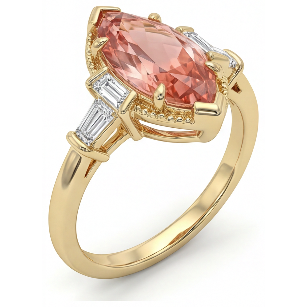 Padparadscha-Saphir-Ring, 4,1 Karat, im Labor gezüchtet, Marquise und weisse Baguettes, Dreistein, schlicht, 14 Karat Gelbgold