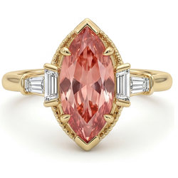 Padparadscha-Saphir-Ring, 4,1 Karat, im Labor gezüchtet, Marquise und weisse Baguettes, Dreistein, schlicht, 14 Karat Gelbgold
