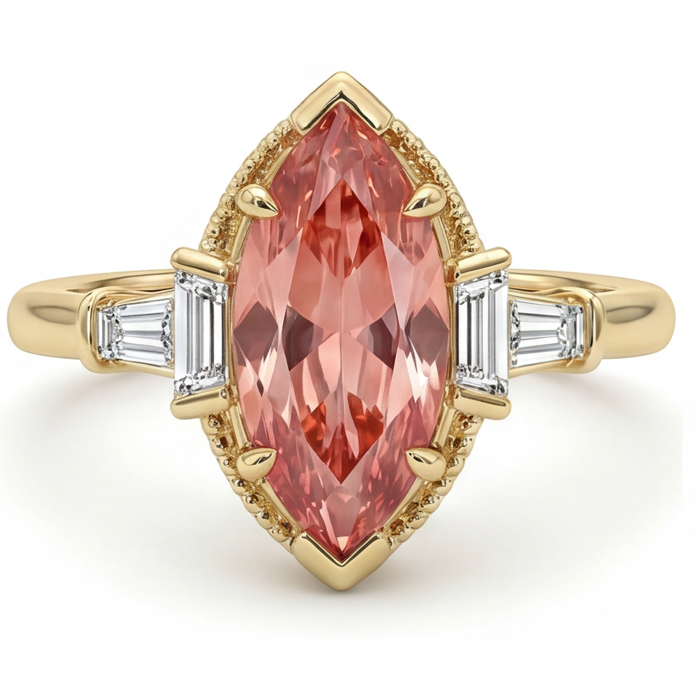 Padparadscha-Saphir-Ring, 4,1 Karat, im Labor gezüchtet, Marquise und weisse Baguettes, Dreistein, schlicht, 14 Karat Gelbgold