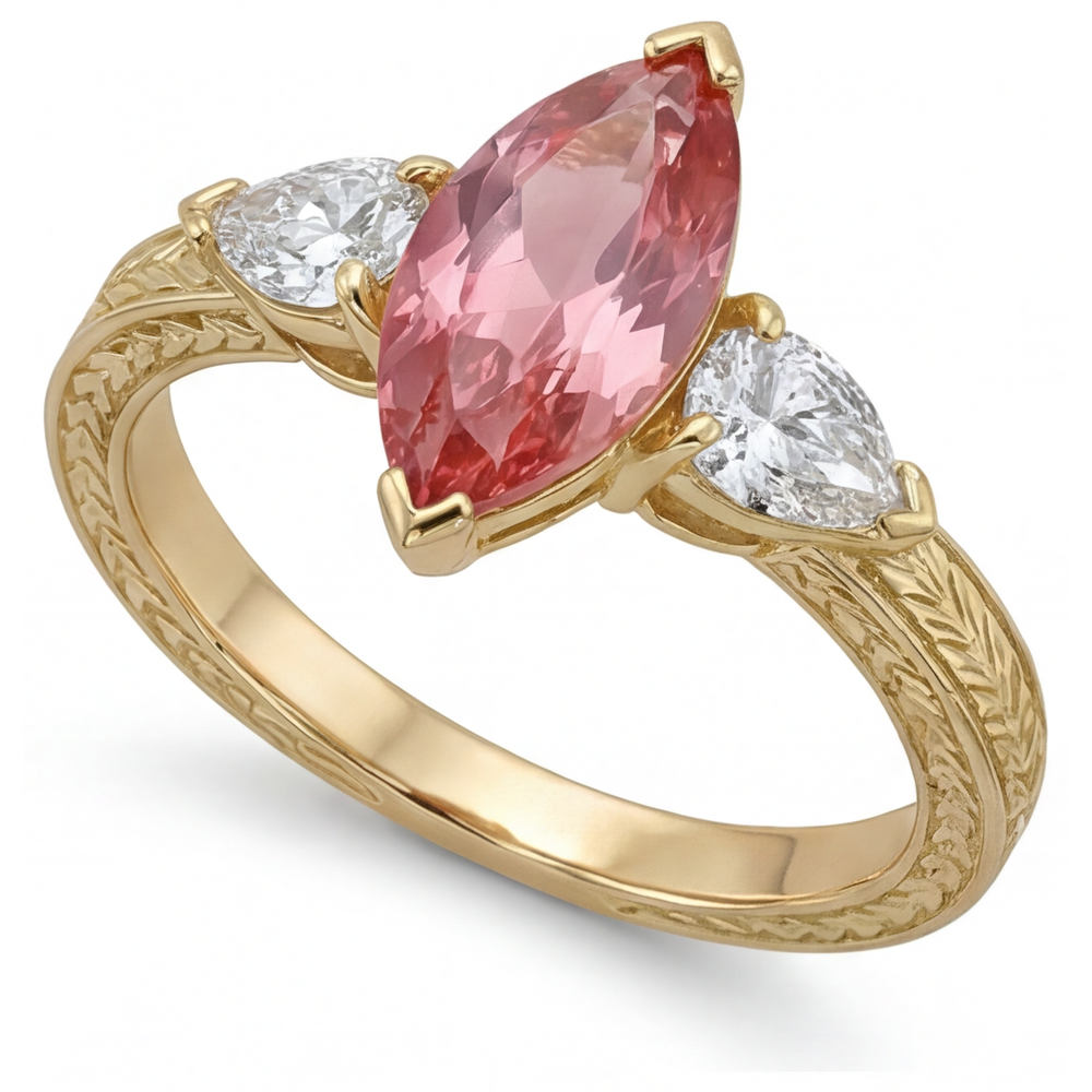 Pfirsichfarbener Padparadscha-Saphir 4,1 Karat, im Labor gezüchtet, Drei-Steine-Ring im Marquise-Schliff, 14 Karat Gelbgold