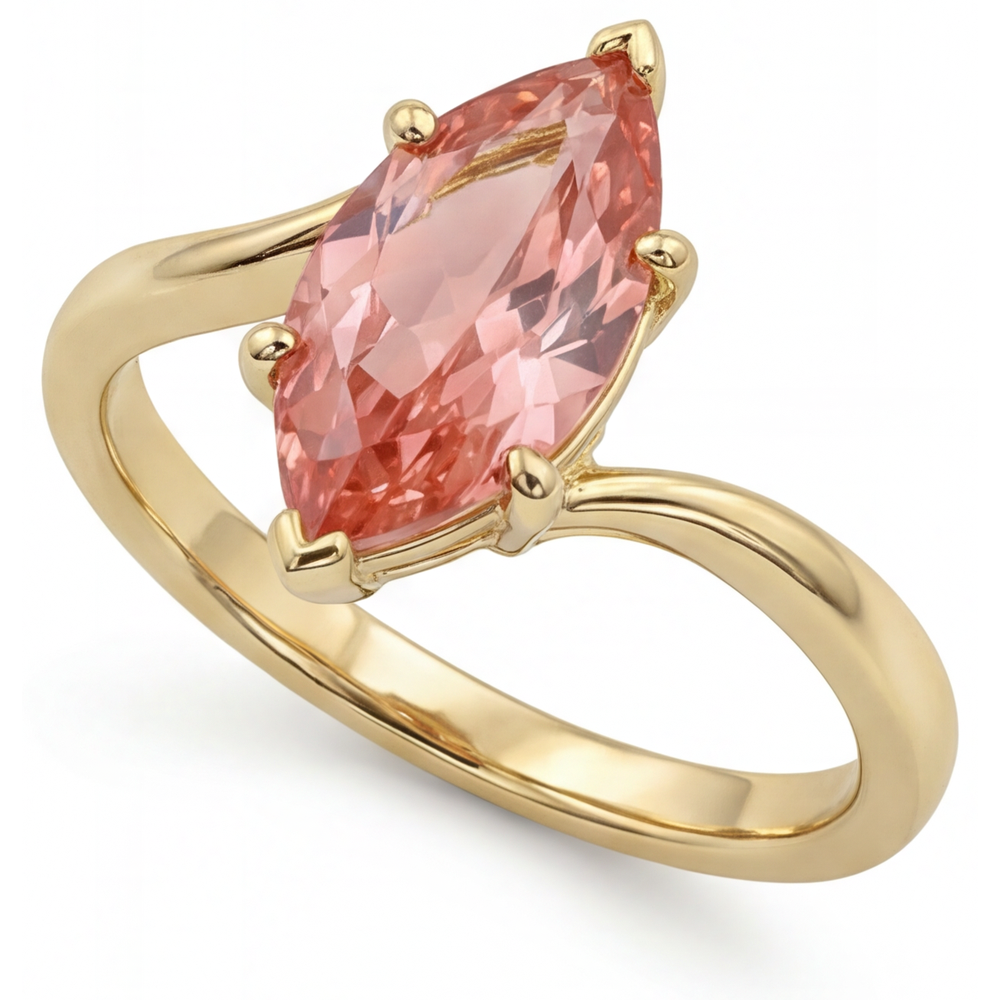 Padparadscha-Saphir-Ring, 3,5 Karat, im Labor gezüchtet, Marquise-Schliff, Bypass-Design, 14 Karat Gelbgold