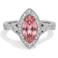 Echter Pfirsich-Padparadscha-Saphir-Ring, 2,3 Karat, Marquise-Schliff, Halo, geteilte Ringschiene, 14 Karat Weißgold