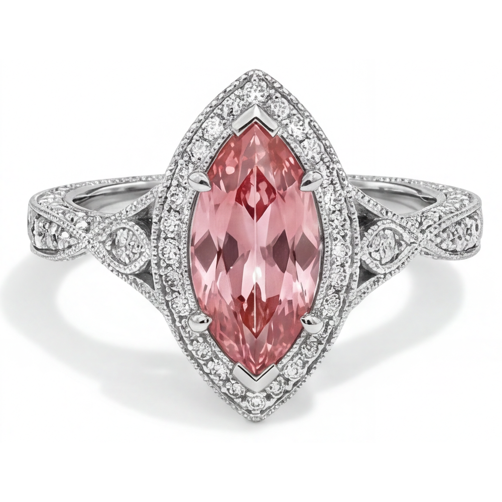 Echter Pfirsich-Padparadscha-Saphir-Ring, 2,3 Karat, Marquise-Schliff, Halo, geteilte Ringschiene, 14 Karat Weißgold