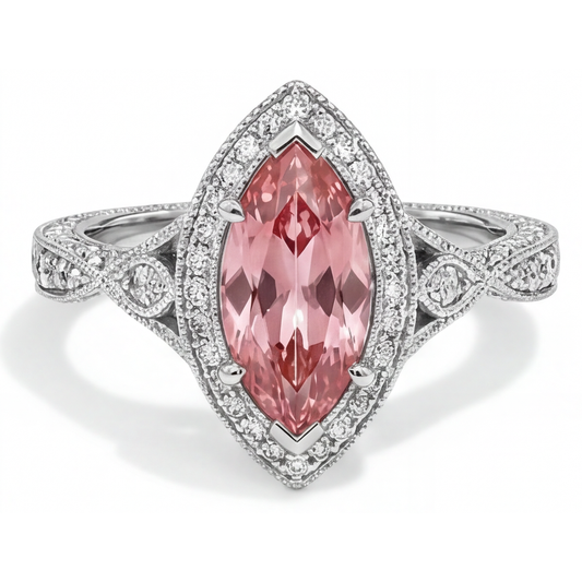 Echter Pfirsich-Padparadscha-Saphir-Ring, 2,3 Karat, Marquise-Schliff, Halo, geteilte Ringschiene, 14 Karat Weißgold