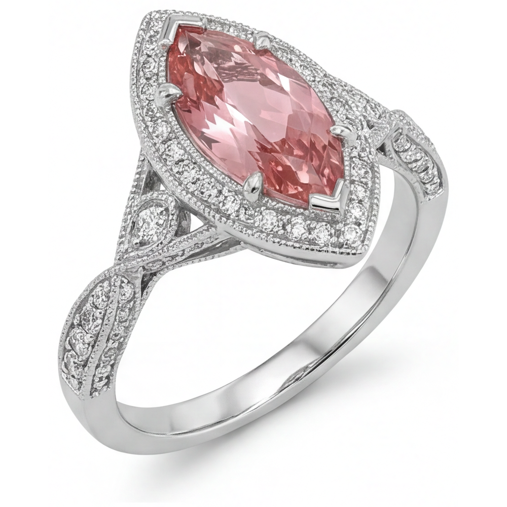 Echter Pfirsich-Padparadscha-Saphir-Ring, 2,3 Karat, Marquise-Schliff, Halo, geteilte Ringschiene, 14 Karat Weißgold