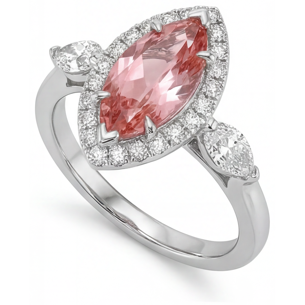 Padparadscha-Saphir-Ring 2,3 Karat Echter Marquise Halo Vintage 14 Karat Weißgold