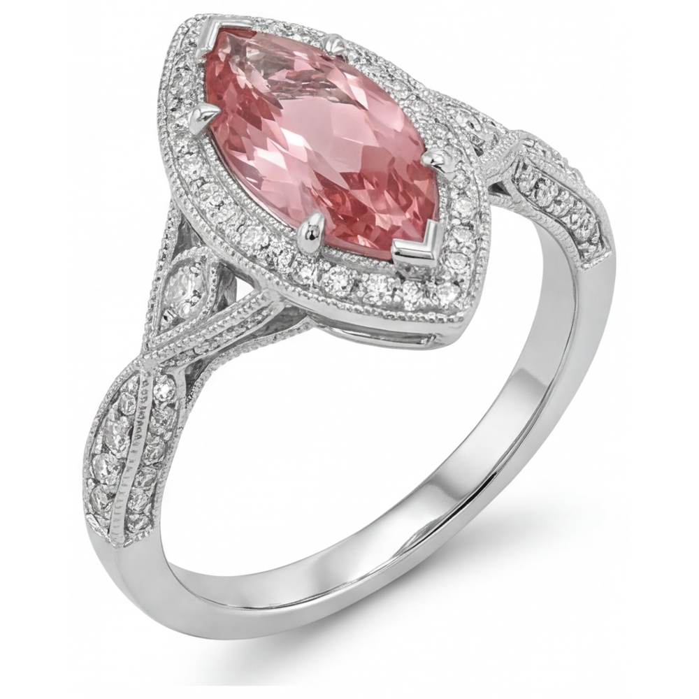 Echter Pfirsich-Padparadscha-Saphir-Ring, 2,3 Karat, Marquise-Schliff, Halo, geteilte Ringschiene, 14 Karat Weißgold