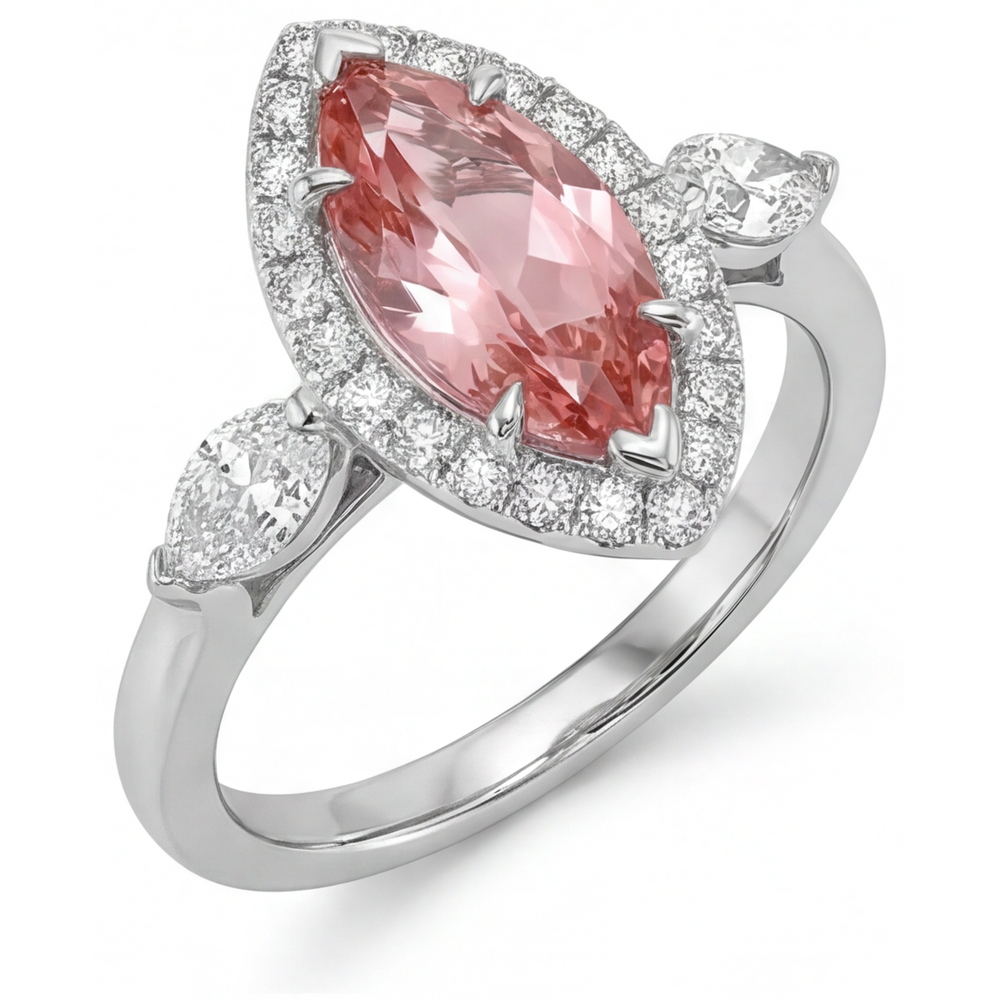 Padparadscha-Saphir-Ring 2,3 Karat Echter Marquise Halo Vintage 14 Karat Weißgold