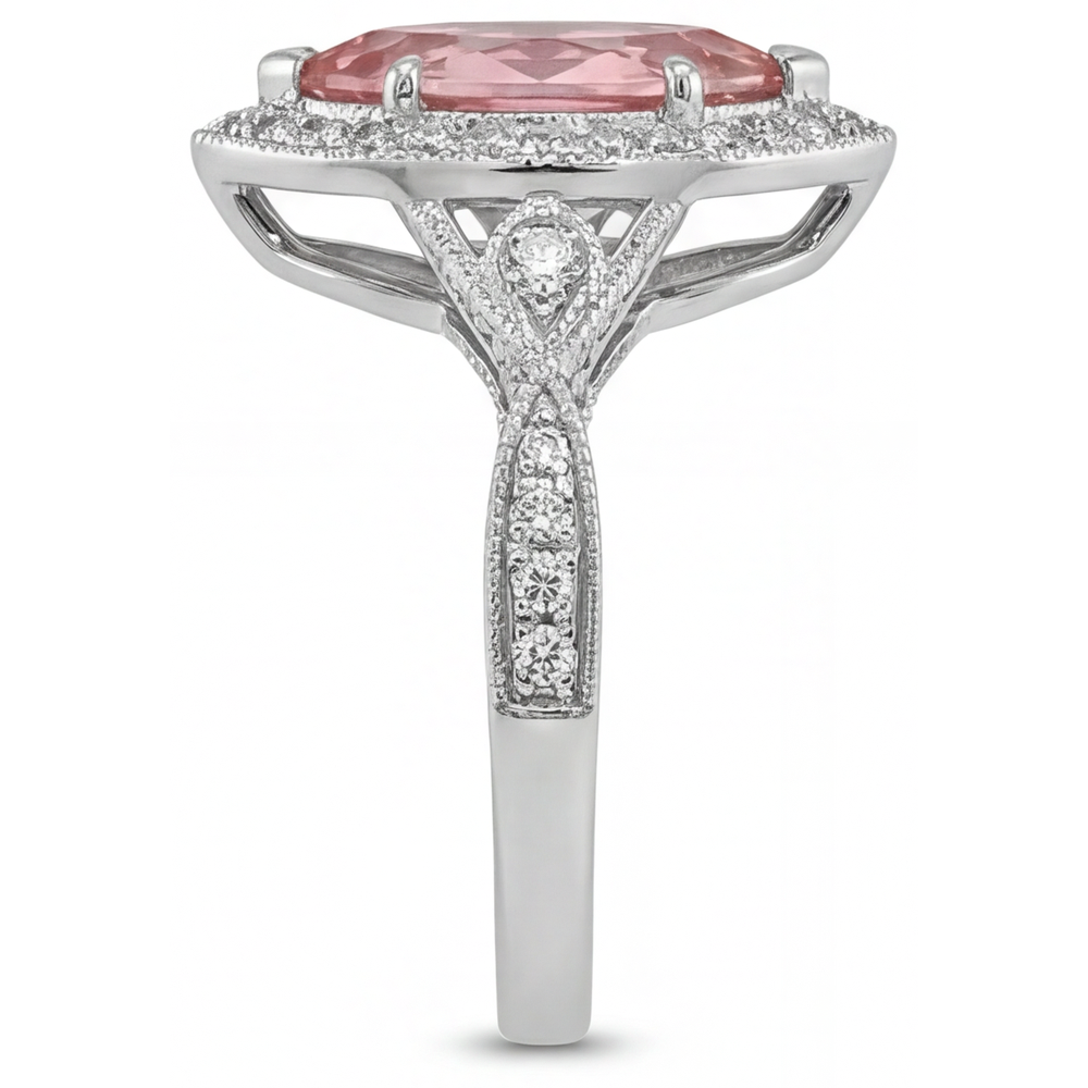 Echter Pfirsich-Padparadscha-Saphir-Ring, 2,3 Karat, Marquise-Schliff, Halo, geteilte Ringschiene, 14 Karat Weißgold