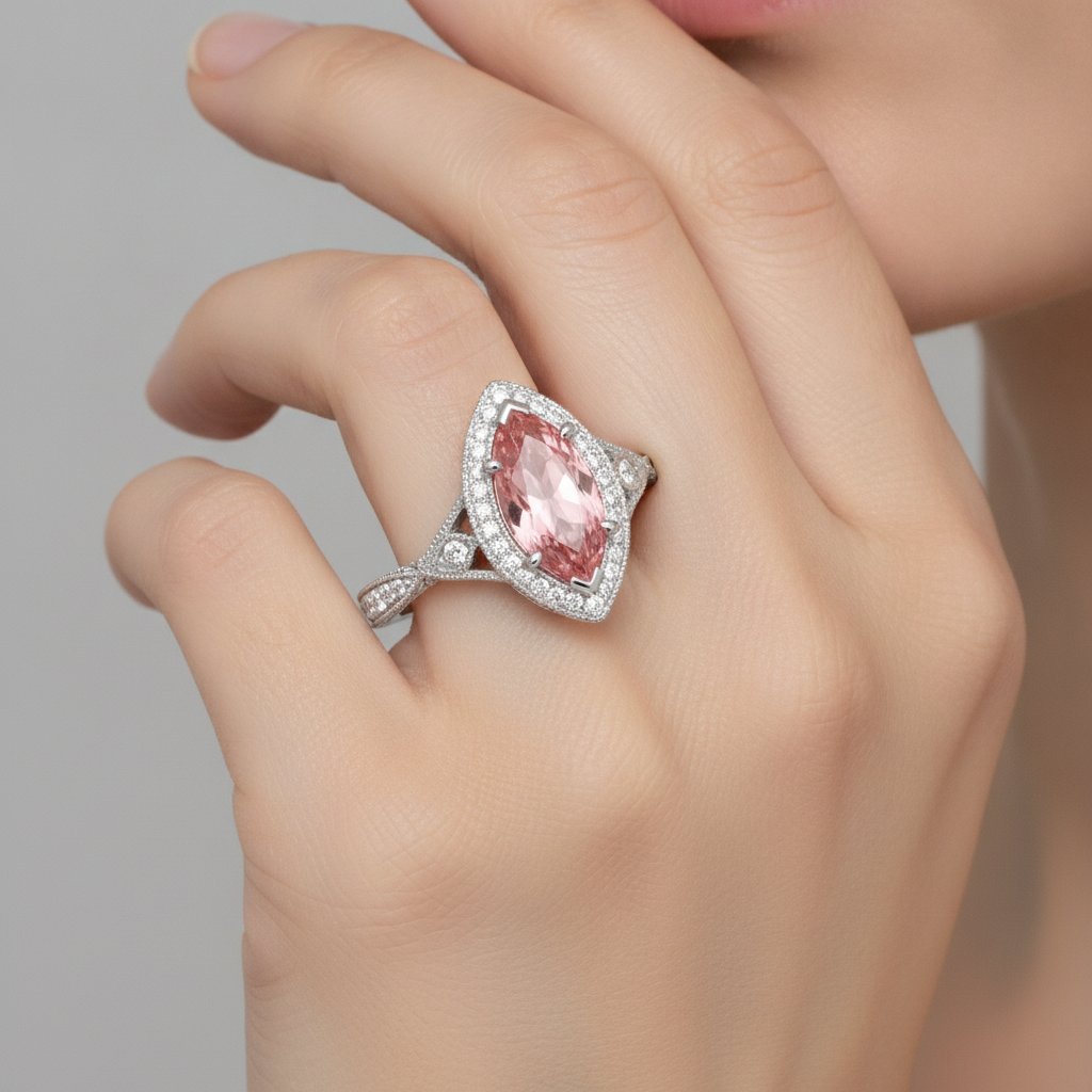 Echter Pfirsich-Padparadscha-Saphir-Ring, 2,3 Karat, Marquise-Schliff, Halo, geteilte Ringschiene, 14 Karat Weißgold