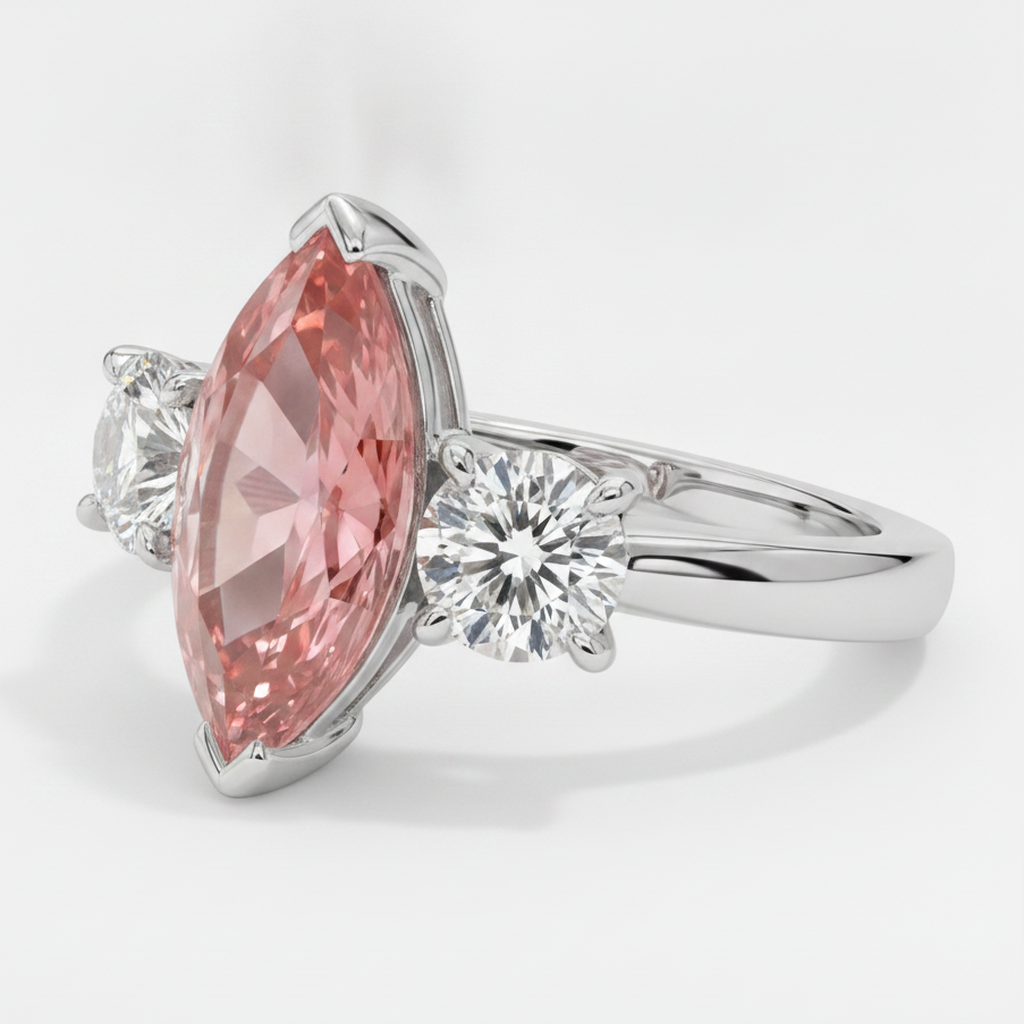 Padparadscha-Saphir-Ring 3,1 Karat Echter Marquise-Schliff Dreistein Platin