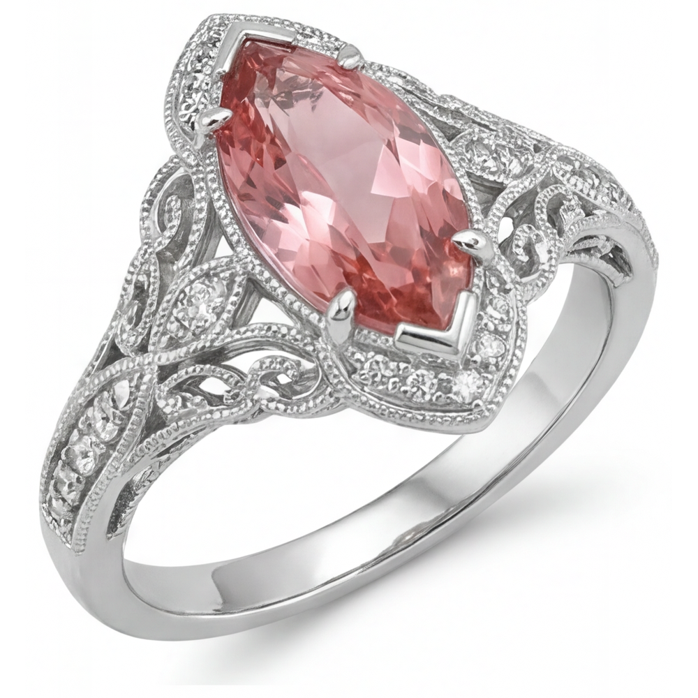 Halo-Ring mit geteilter Ringschiene aus 14 Karat Weißgold mit echtem pfirsichfarbenem Padparadscha-Saphir im Marquise-Schliff, 2,3 Karat