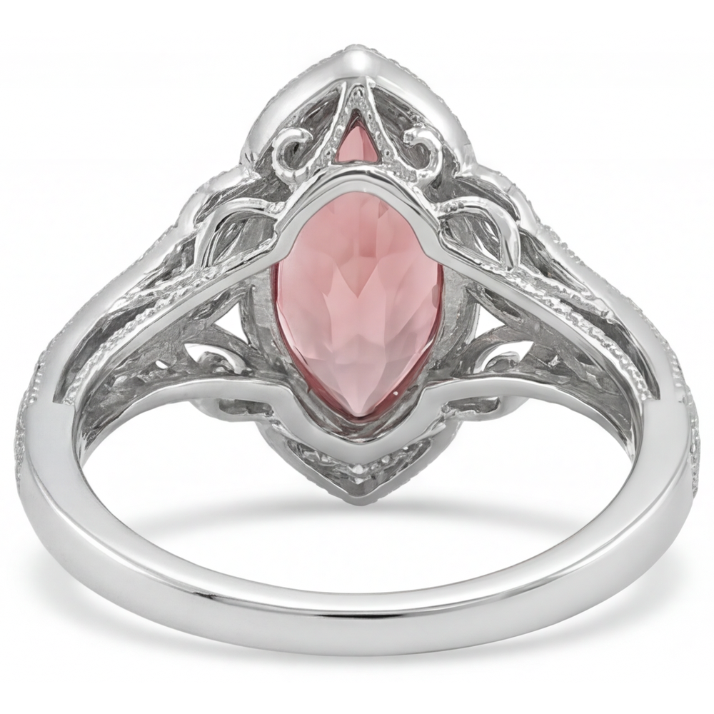 Halo-Ring mit geteilter Ringschiene aus 14 Karat Weißgold mit echtem pfirsichfarbenem Padparadscha-Saphir im Marquise-Schliff, 2,3 Karat