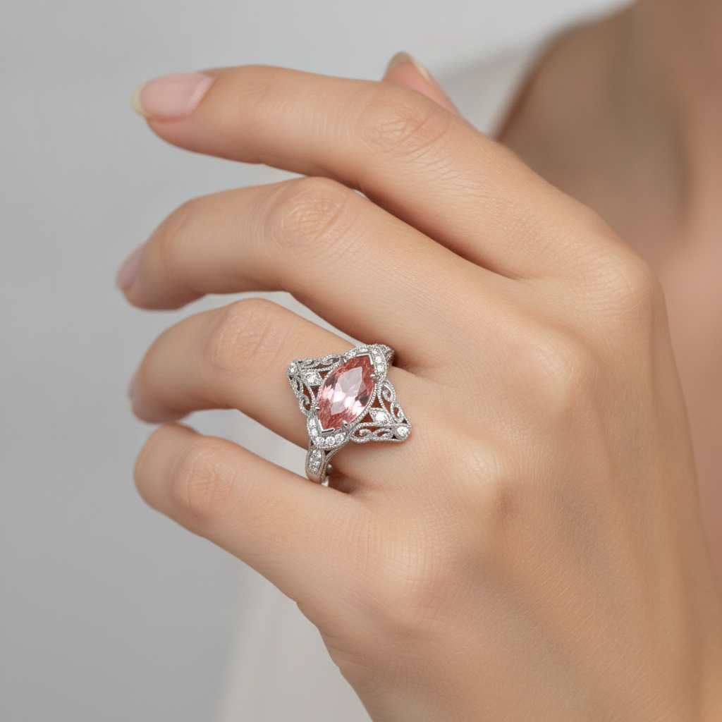 Halo-Ring mit geteilter Ringschiene aus 14 Karat Weißgold mit echtem pfirsichfarbenem Padparadscha-Saphir im Marquise-Schliff, 2,3 Karat