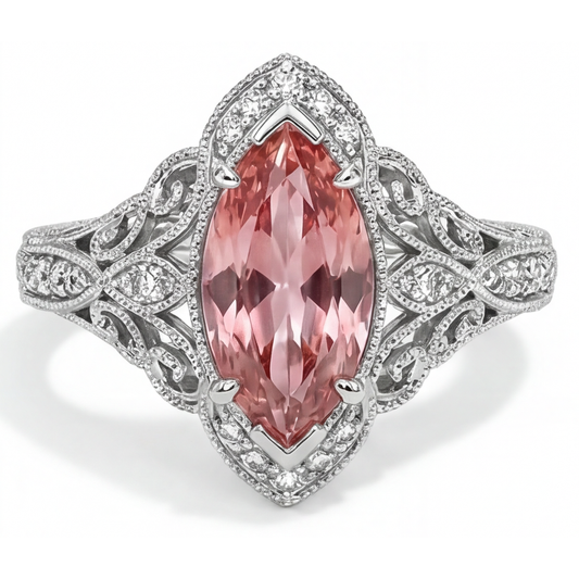 Halo-Ring mit geteilter Ringschiene aus 14 Karat Weißgold mit echtem pfirsichfarbenem Padparadscha-Saphir im Marquise-Schliff, 2,3 Karat