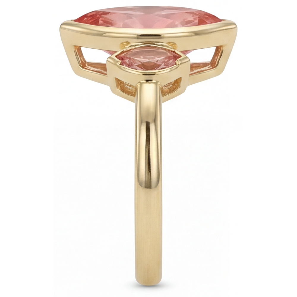 Verlobungsring mit echtem Padparadscha-Pfirsich-Saphir, 3 Karat, Marquise-Schliff, Lünette, Drei Steine, 14 Karat Gelbgold