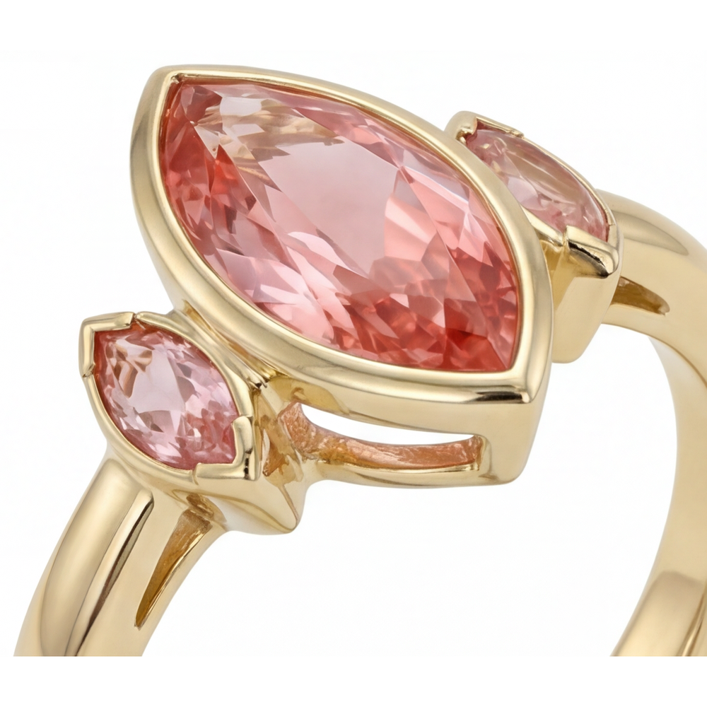 Verlobungsring mit echtem Padparadscha-Pfirsich-Saphir, 3 Karat, Marquise-Schliff, Lünette, Drei Steine, 14 Karat Gelbgold