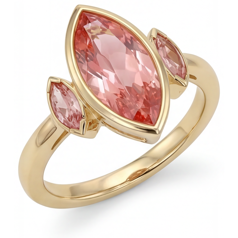 Verlobungsring mit echtem Padparadscha-Pfirsich-Saphir, 3 Karat, Marquise-Schliff, Lünette, Drei Steine, 14 Karat Gelbgold
