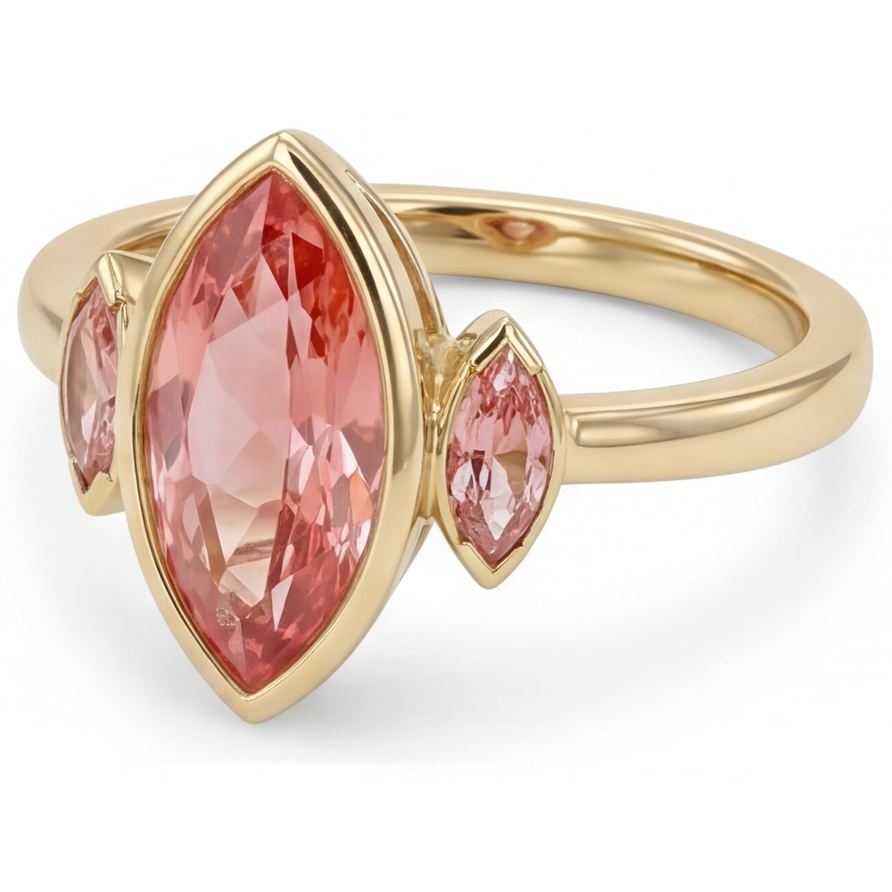 Verlobungsring mit echtem Padparadscha-Pfirsich-Saphir, 3 Karat, Marquise-Schliff, Lünette, Drei Steine, 14 Karat Gelbgold