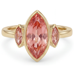 Verlobungsring mit echtem Padparadscha-Pfirsich-Saphir, 3 Karat, Marquise-Schliff, Lünette, Drei Steine, 14 Karat Gelbgold