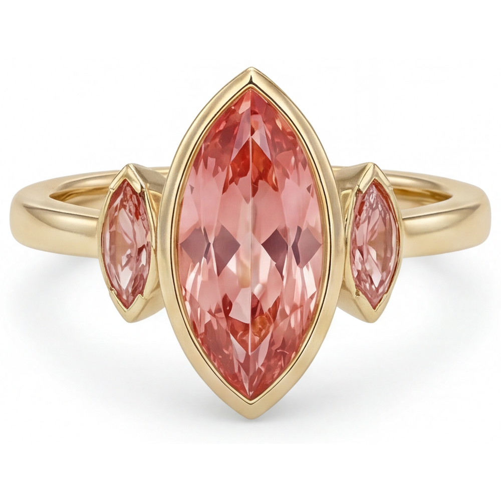 Verlobungsring mit echtem Padparadscha-Pfirsich-Saphir, 3 Karat, Marquise-Schliff, Lünette, Drei Steine, 14 Karat Gelbgold