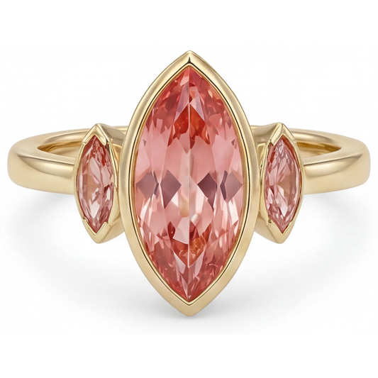 Verlobungsring mit echtem Padparadscha-Pfirsich-Saphir, 3 Karat, Marquise-Schliff, Lünette, Drei Steine, 14 Karat Gelbgold