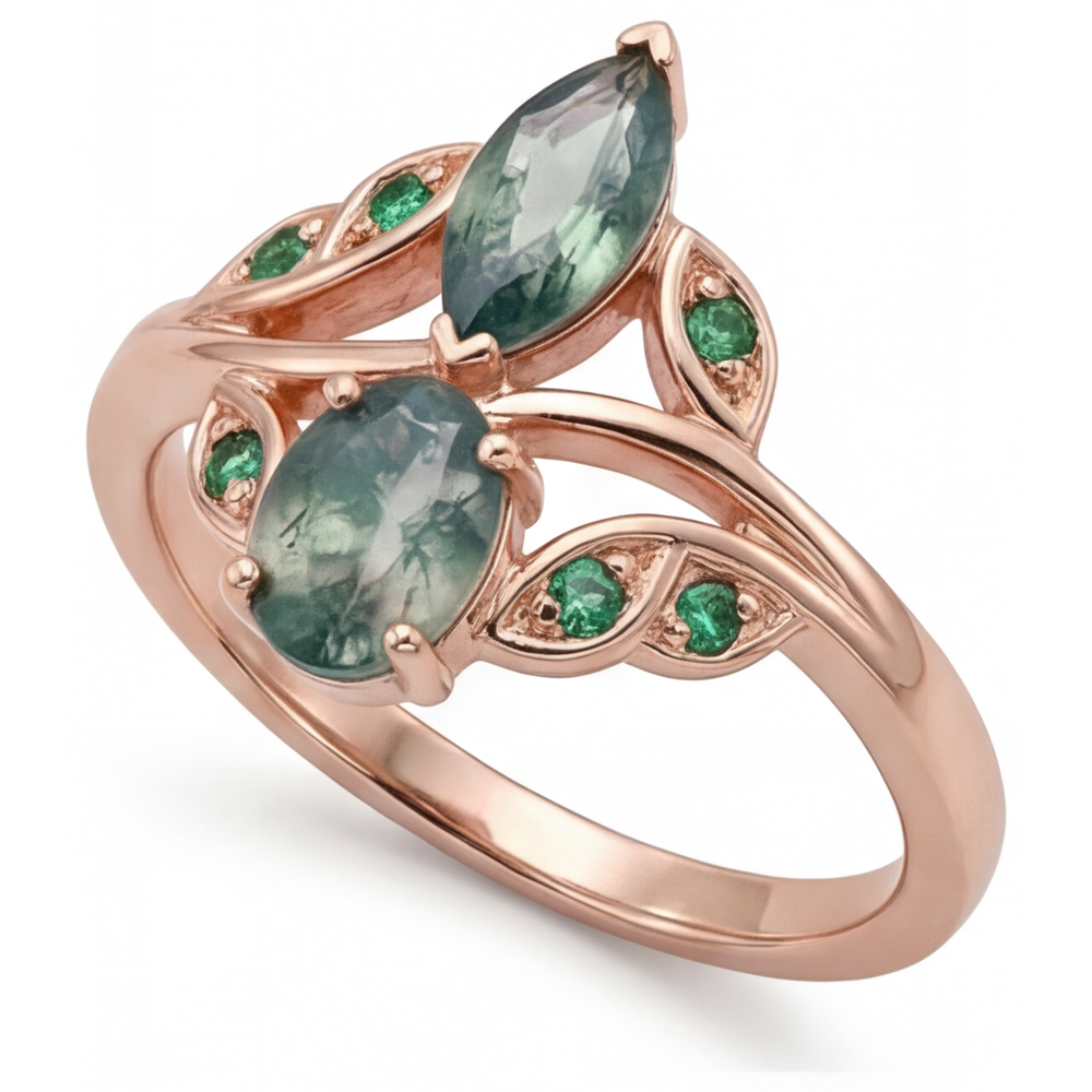 Moss Agate Marquise Edelstein-Ring in 14 Karat Roségold – Seitenansicht
