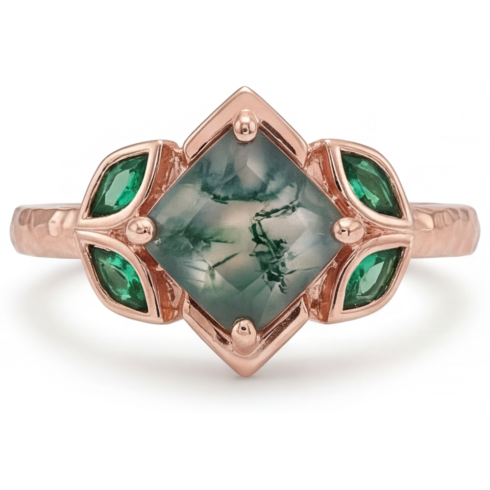 Moss Agate Prinzess Edelstein-Ring in 14K Roségold – Frontansicht