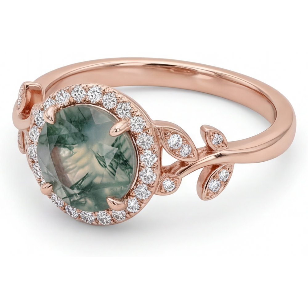 Authentischer Moss Agate Farbstein-Ring 2,0 Karat 14K Roségold – Frontansicht