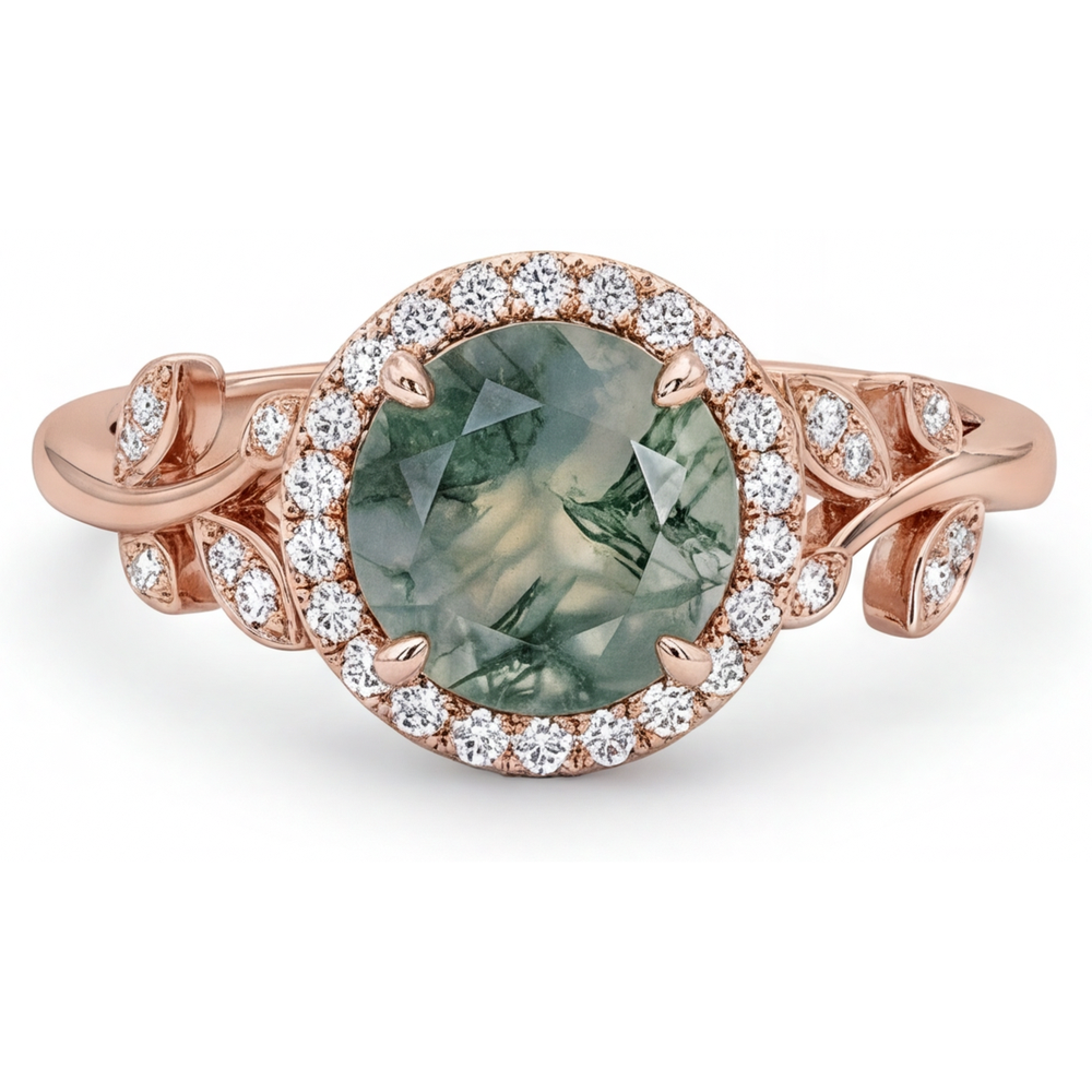 Farbstein-Ring 14K Roségold mit Moss Agate – Seitenansicht