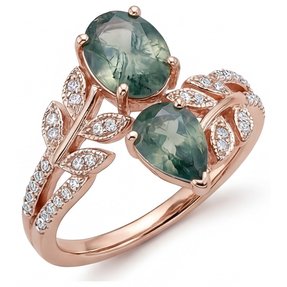 Farbstein-Ring 14K Roségold mit Moss Agate – Frontansicht