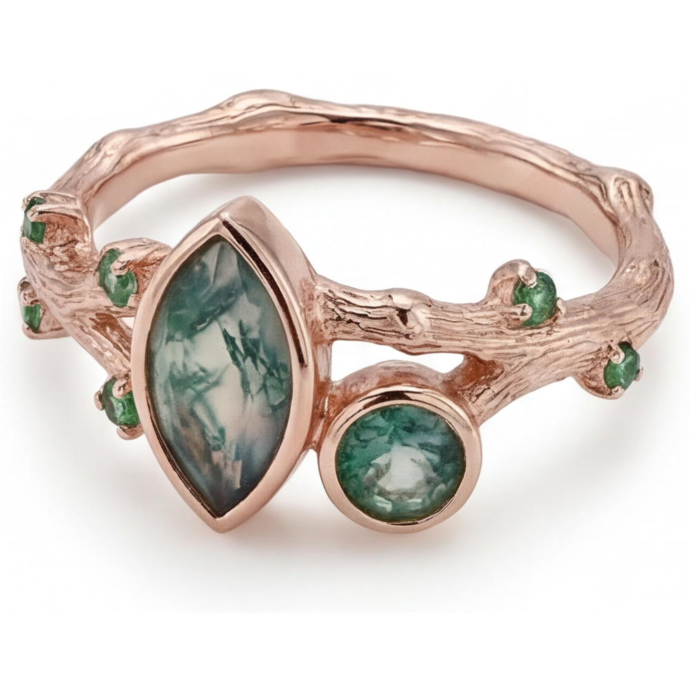 Schmuckstein-Ring 14K Roségold mit Moss Agate – Schrägansicht
