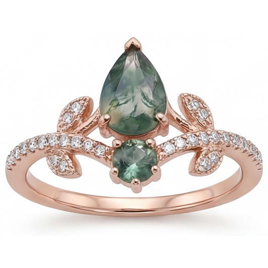 Birnen-Schliff Moss Agate Ring in 14K Roségold – Hauptansicht