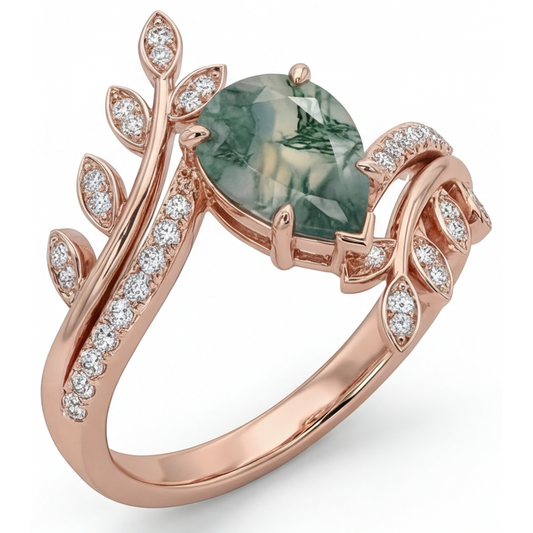 Moss Agate Tropfen-Schliff Schmuckstein-Ring in 14K Roségold – Hauptansicht